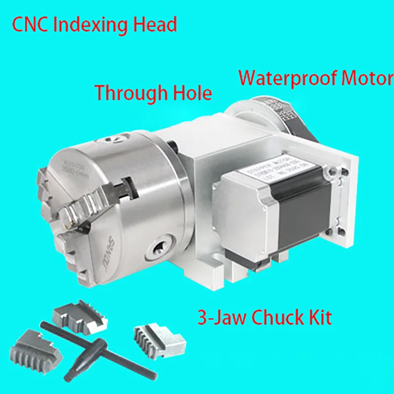 CNC 4th Axis Rotary Indexing Head Hollow Shaft Waterproof Motor 3/4 Jaw Chuck Kit