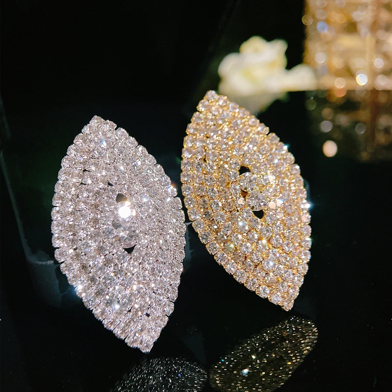 Luxury Shiny Full of Rhinestones Open Ring for Women Fashion Gold Color Adjustable Big Ring Female Wedding Birthday Jewelry Gift