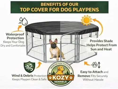 Dog Playpen w/Octagon Top Shade Cover - 32 inch, 8 Panel Portable Grey Metal Pet Play Pen for Small & Medium Dogs