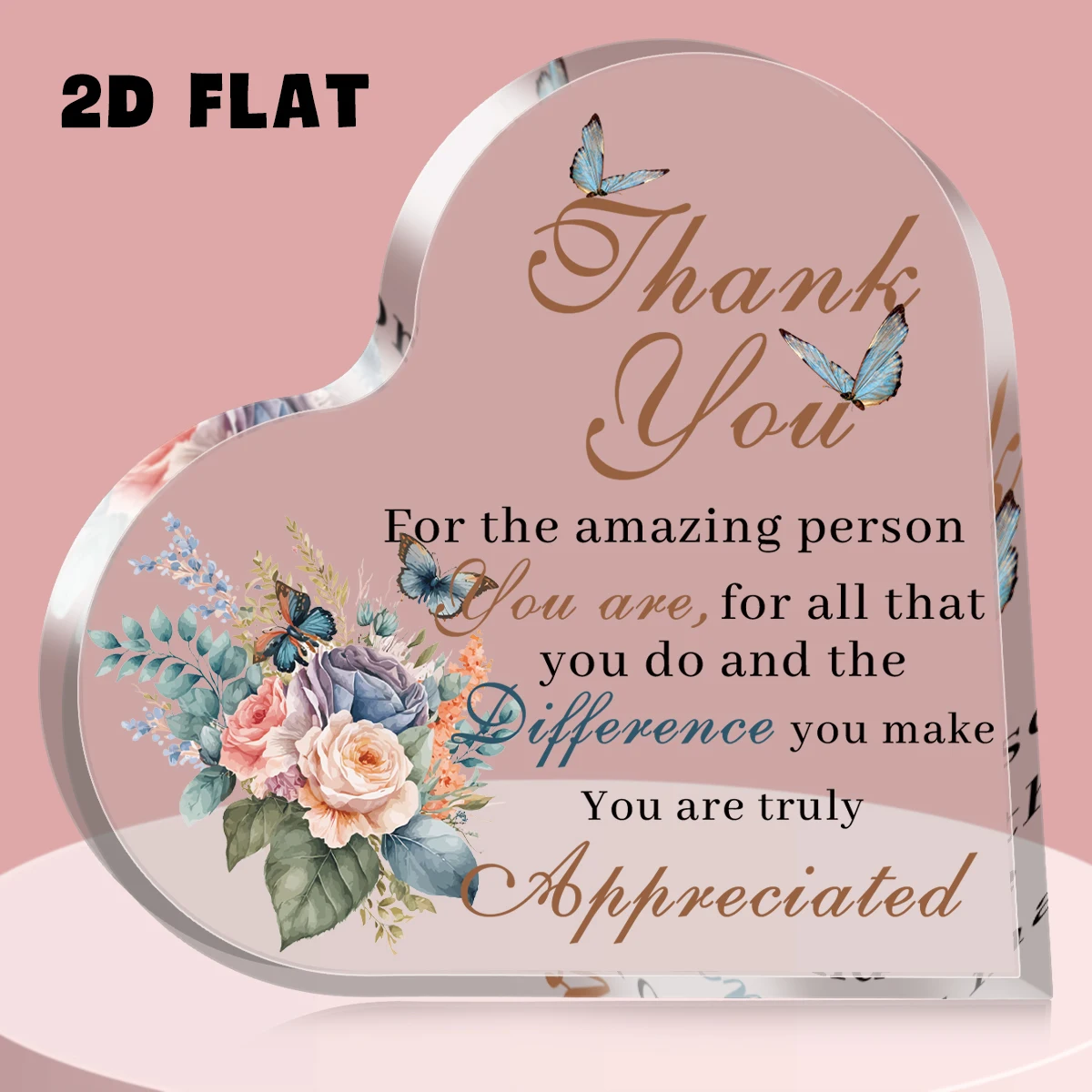 1pc Heart Acrylic Thank You Sign Plaque-Decor With Floral Butterfly Design,Gift For Office/Home Appreciation Ornament Desk Decor