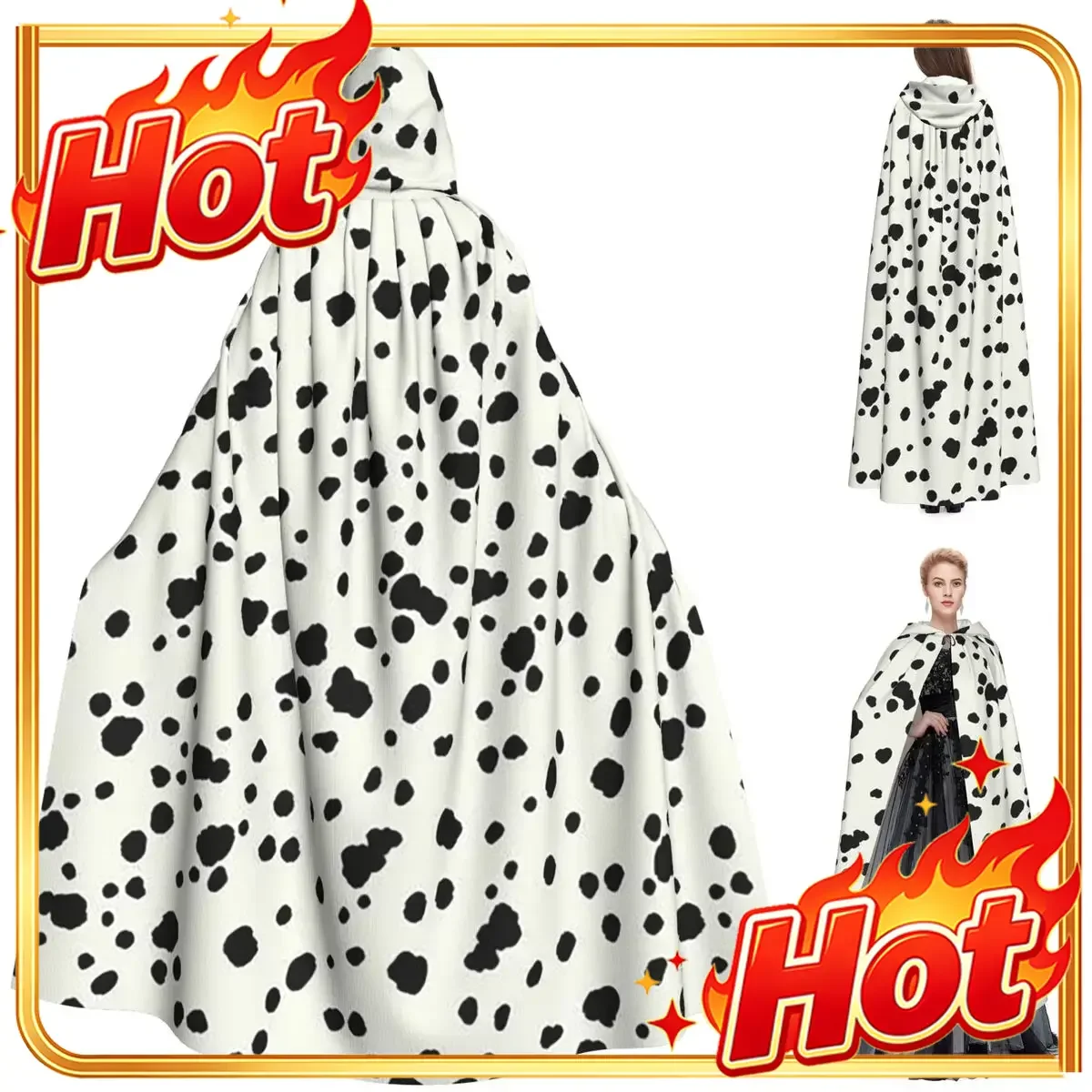 Dalmatian Dog Texture Long Hooded Cloak Witch Medieval Costume Cosplay Cape HalloweenVampire Adult Unisex