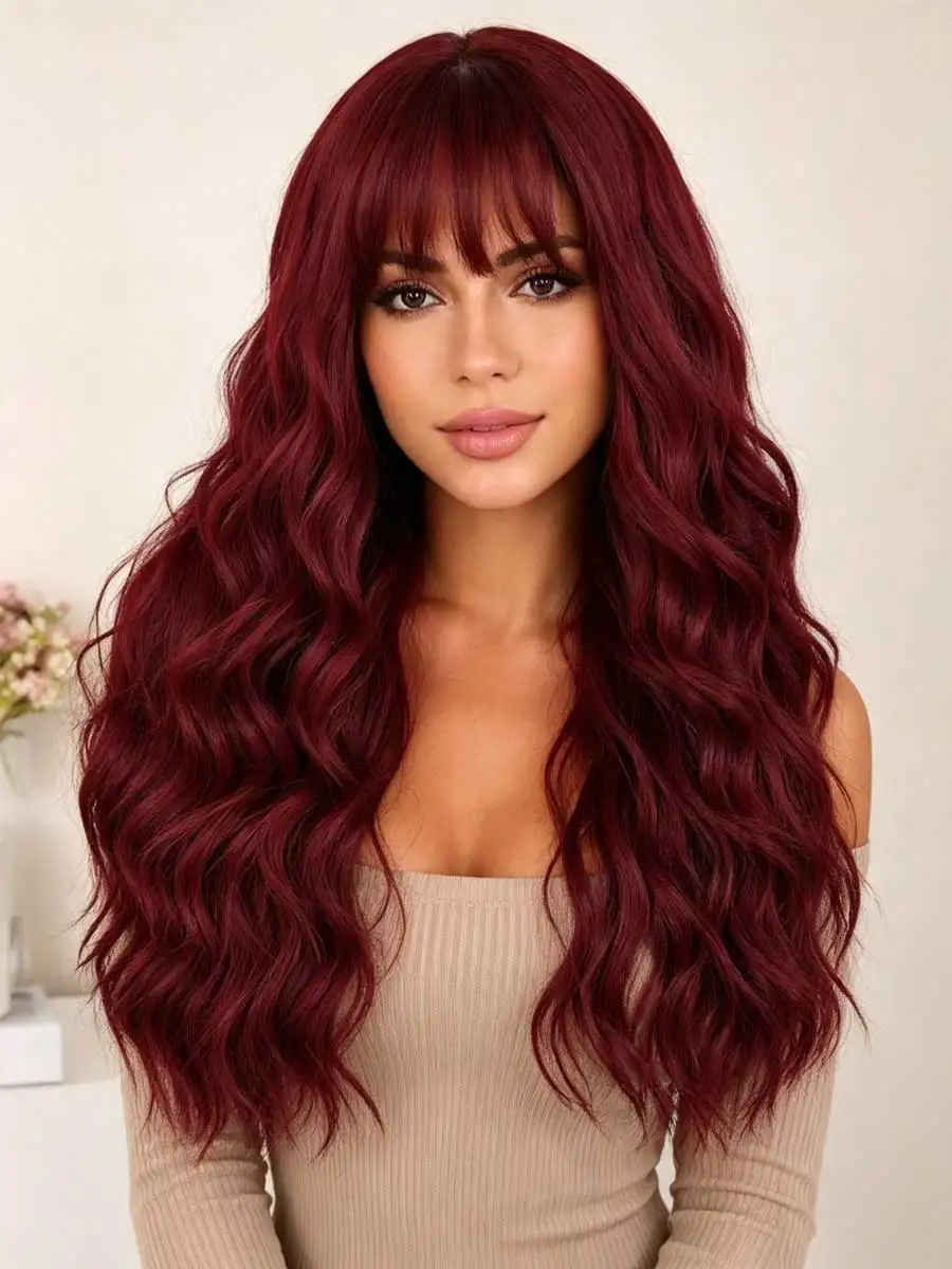 Realistic Wine Red Long Wavy Wig with Straight Fringe, Machine Made Synthetic Water Wave Hairpiece, Low Maintenance Styling Wigs for African American Women Club & Daily Look