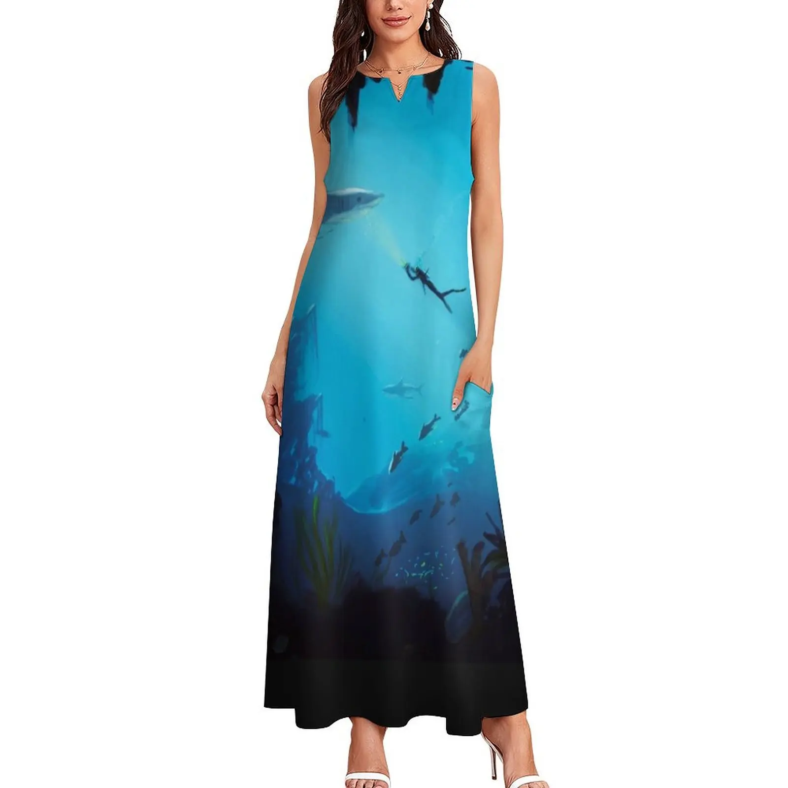 underwater shark and diver Long Dress Women's clothing dresses for women long dress women Dress