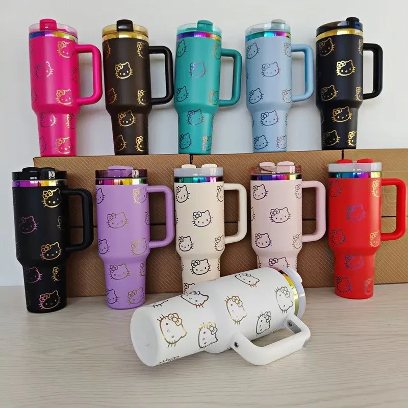 

40oz/1180ml HelloKitty 304 Stainless Steel Insulated Cup Kawaii Cartoon KT Cat Portable Large Capacity Straw Cup Holiday Gifts