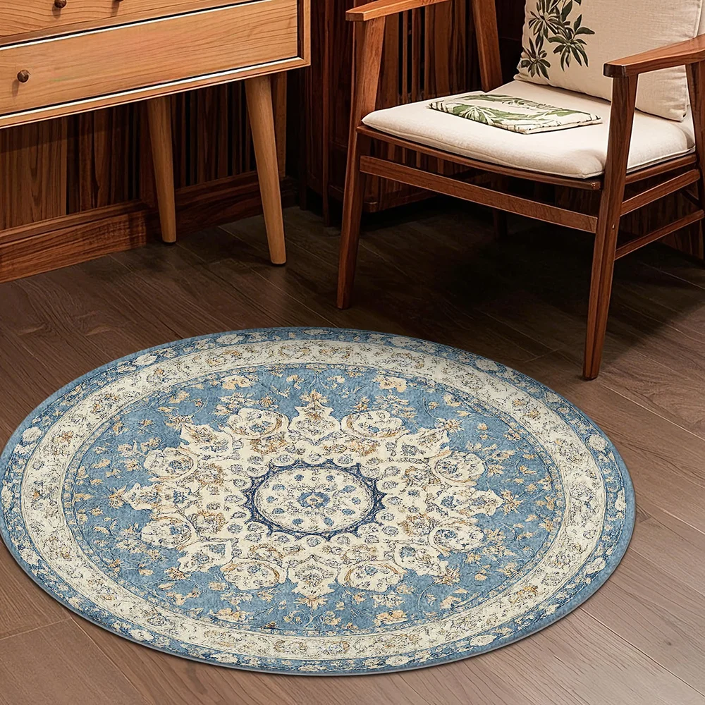 Elegant Home Decor, Living Room Sofa Pad, Bedroom Bedside Carpet, Round Floral Rug, Retro Pastoral Style, Soft Pink Green Color Scheme, Low Pile Round Mat