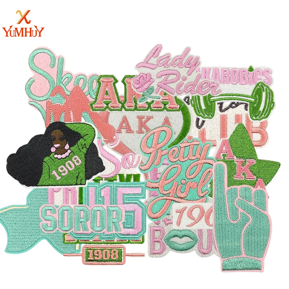 Verde/rosa 1908 J15 letra griega bordada hierro-en parche insignias de hermandad griega DIY chaquetas camisetas bolsos zapatos Jeans gorras