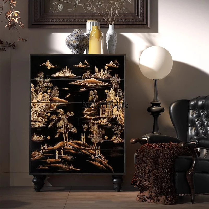 

French Ancient Style Black Gold Landscape Painting Chest of Drawers Solid Wood Porch Aisle Decoration Storage Cabinet