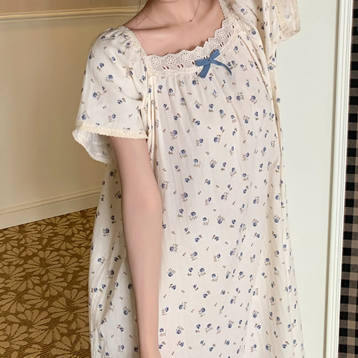 Summer 100% Cotton Embroidered Lace Victorian Pajama Women's Casual Loose Short Sleeve Princess Night Dress Home Clothes
