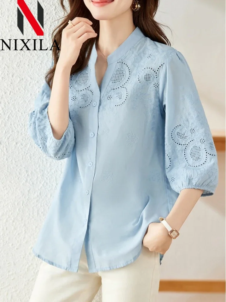 

New Spring Summer V-neck Embroidered Hollow Out Shirt Women Seven-point Sleeve Pure Cotton Blouses Elegant Tops Female Clothing