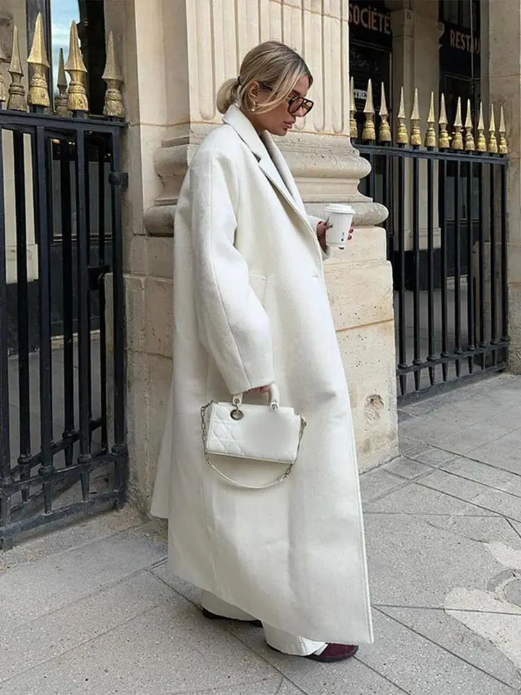 Autumn New White Lapel Long Sleeve Woolen Coat Women Fashion One Button Oversize Overcoat 2024 Casual Lady High Street Outerwear