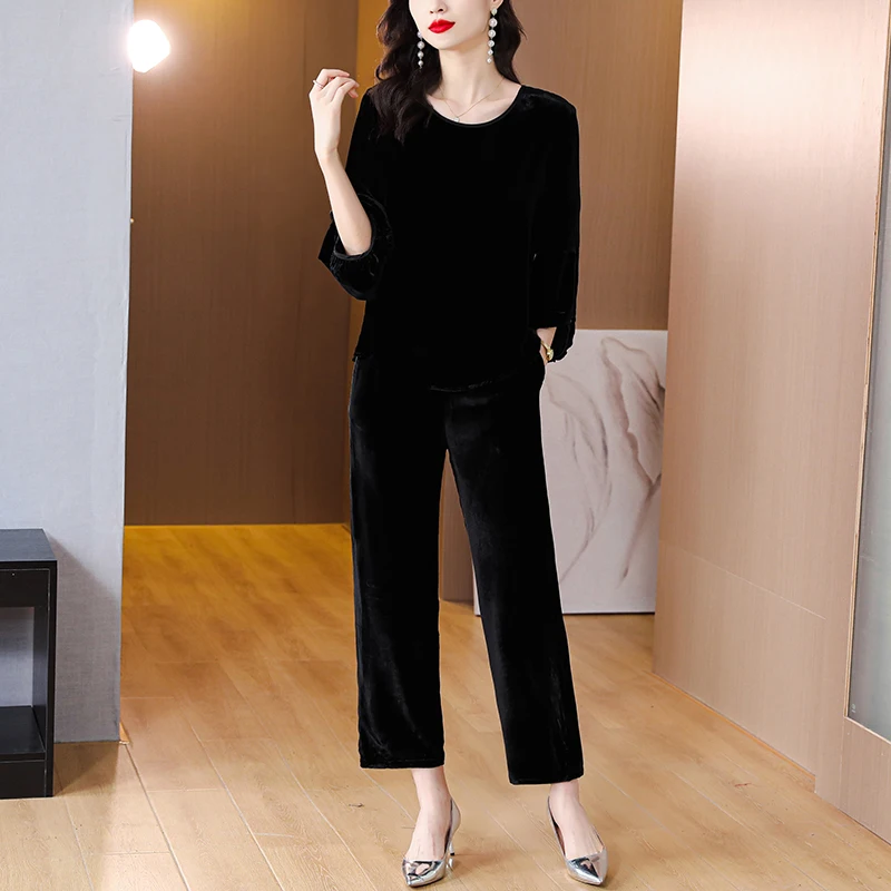 2023 Spring and Autumn New Velvet Bubble Sleeves Solid O-Neck T-shirt Black Velvet Straight Leg Pants Slim Retro Two Piece Set