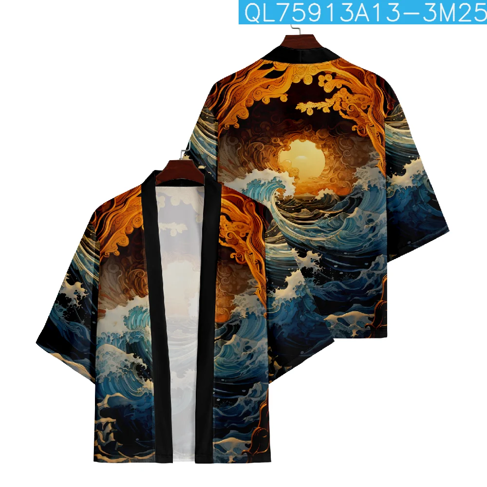 

Japanese Waves Sun Print Traditional Kimono Men Women Yukata Cardigan Cosplay Haori Samurai Clothing