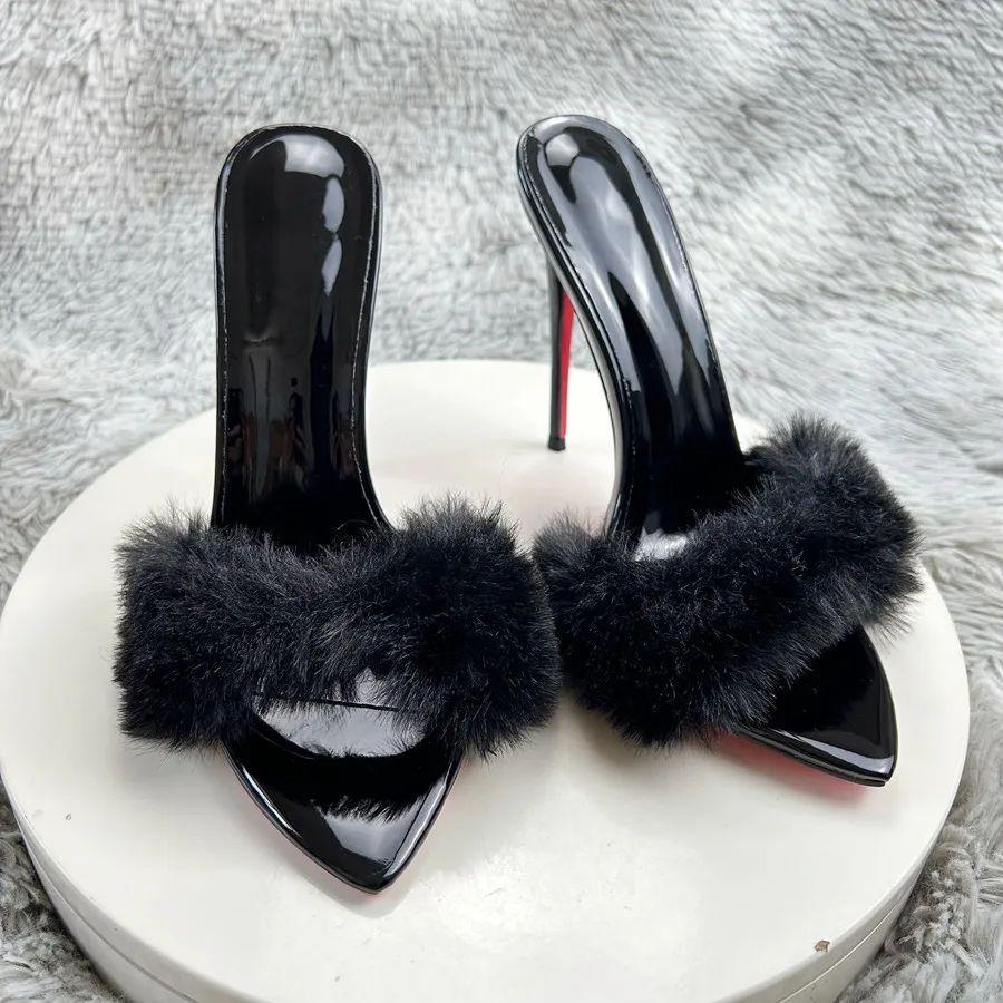

Pointed Open-Toe Red Sole Sandals Women 12cm Stiletto Super High Heels Slingback Black Leather Fur Furry Women’s Slippers Sexy