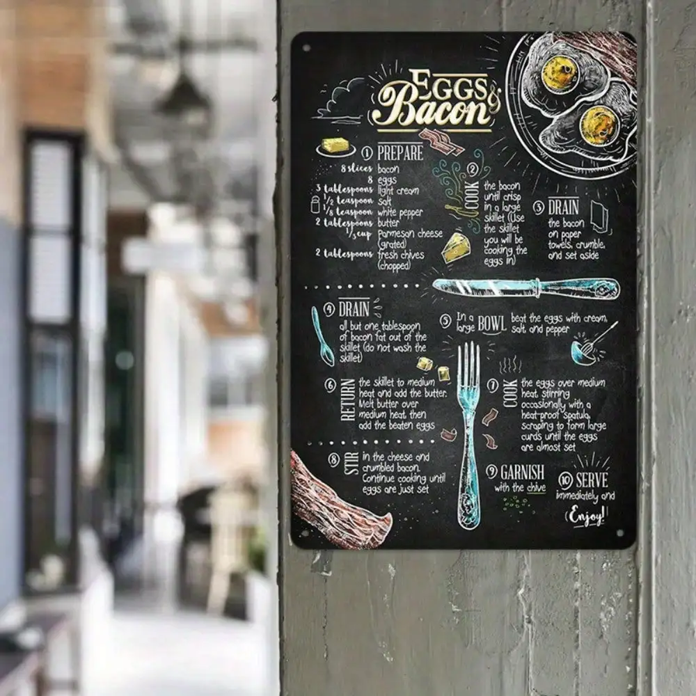 

1 шт. жестяная вывеска-яйца и бекон рецепт книги по искусству на доске для декора кухни/столовой, 8x12 дюймов/20x30 см