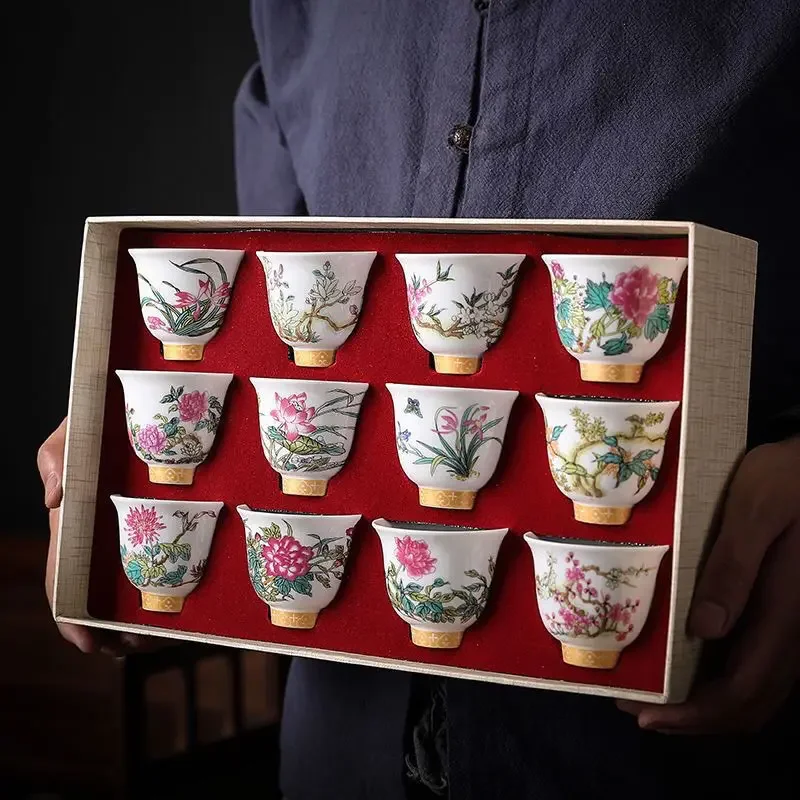 Kung Fu Tea Cup Twelve Flower Gods Set Enamel Pastel Ceramics 12 Pieces Gift Box Host\'s Ceramics & Pottery Chinese Teaware Bar