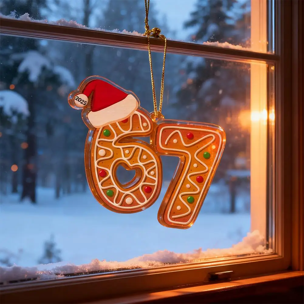 2D Weihnachten 67 Acryl Ornament Lebkuchen Zahl mit Weihnachtsmütze 2025 Weihnachtsbaum hängende Dekoration festliche Heimdekoration