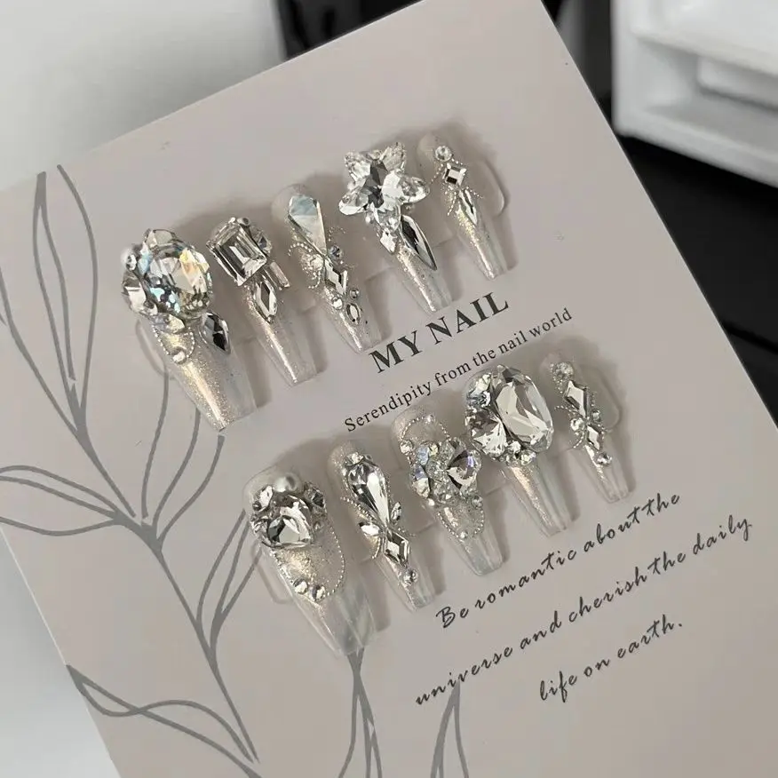 Luxurious Clear Press On Nails with Large Rhinestones and Pearl Decorations Handmade Reusable Nail Tips for Weddings and Ballet