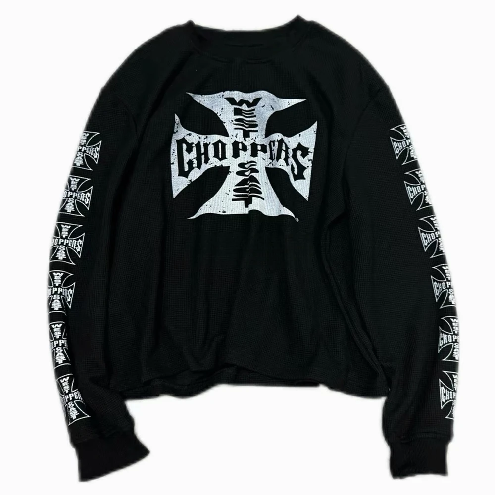 

Black Waffle Sanskrit West Coast Choppers Cross Long Sleeved T-shirt Men Women Loose T Shirt Top Tees