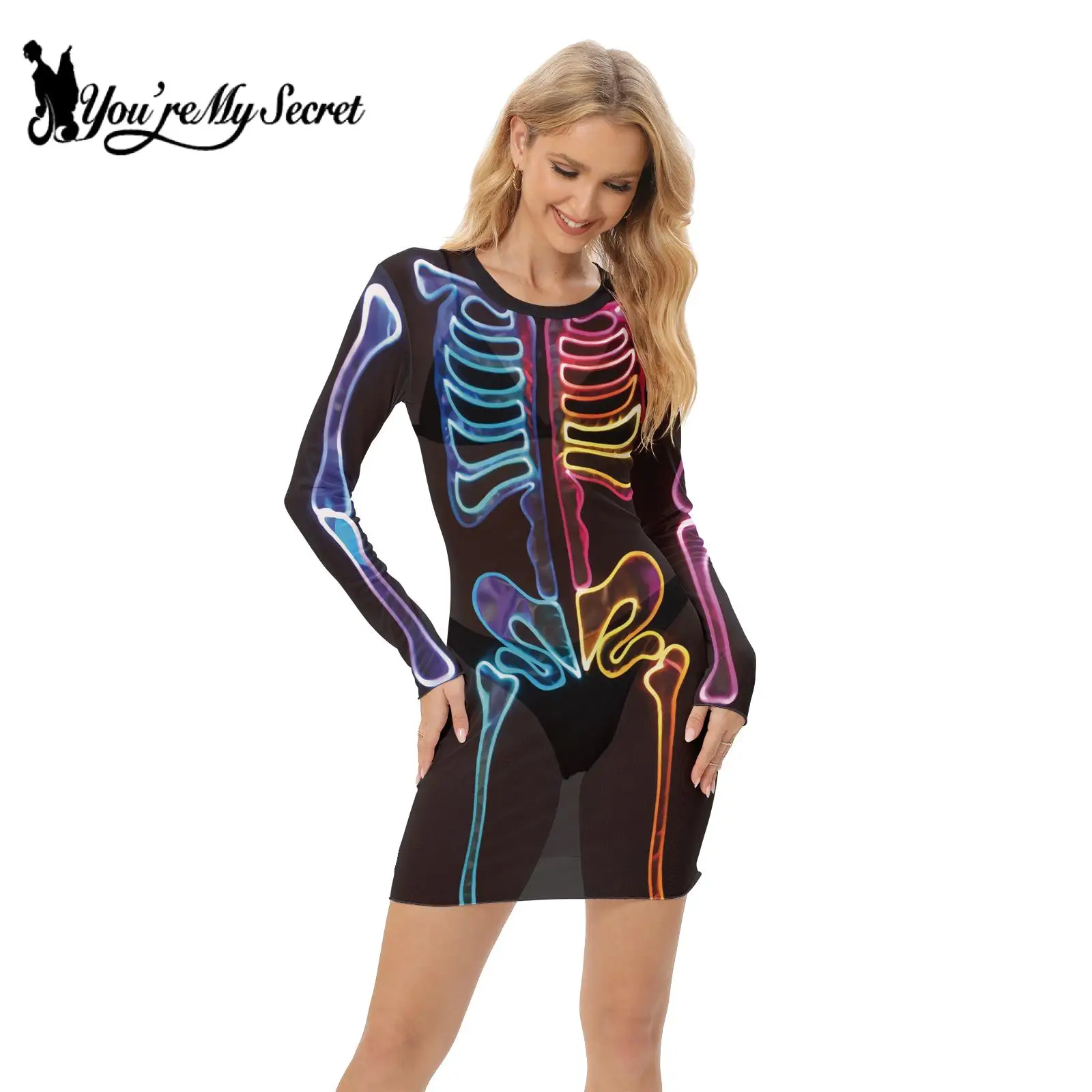 [You're My Secret] Women's Sheer Mesh Mini Dress Skeleton 3D Printing Sexy Smoky Dress Female Sexy Skirt Halloween Party Dress