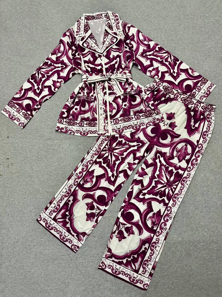 

Retro geometric print lace-up pajama style shirt two-piece set for 2025 Autumn women's wear + loose wide-leg pants set