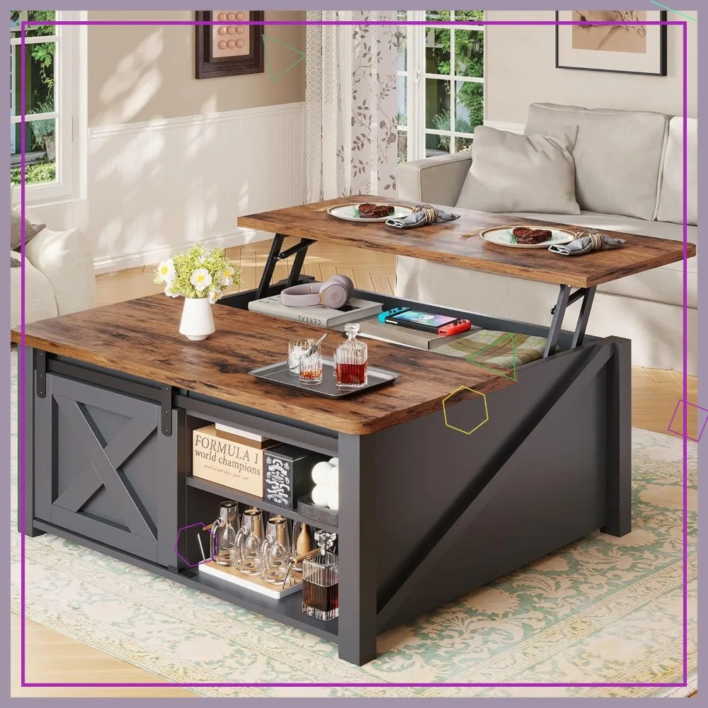 

Журнальный столик с подъемной столешницей 31,5 дюйма, скрытым хранилищем и регулируемыми полками, в стиле фермерского дома, для гостиной