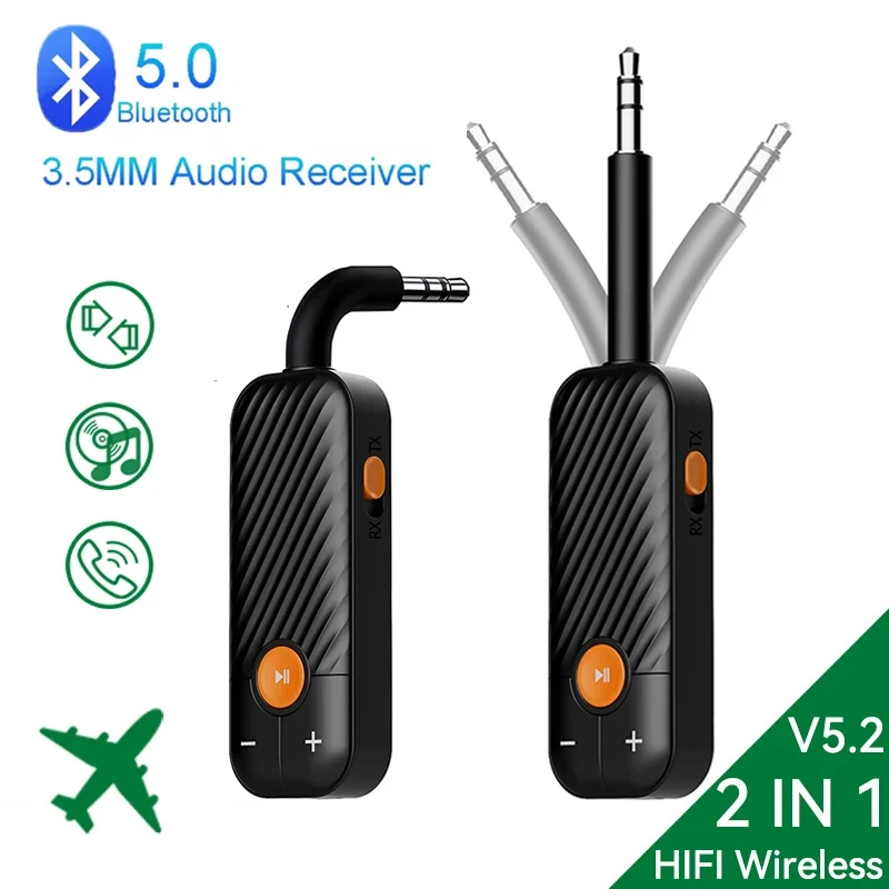 

Bluetooth 5.2 Audio Receiver Transmitter 3.5MM AUX With Mic Stereo Music Wireless Adapter For Airplane PC TV Car Headset Speaker