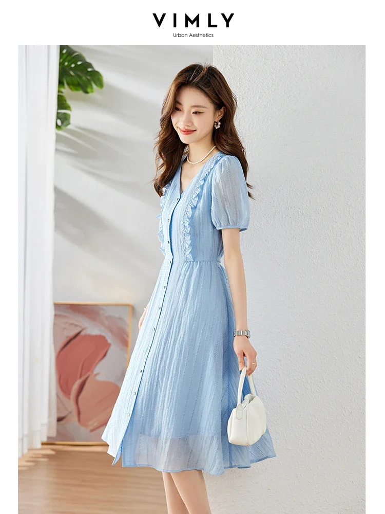 Vimly Vintage V-neck Blue Summer Dress for Women 2023 Lyocell Jacquard Short Sleeve A-line Button Down Elegant Shirt Dress M1362