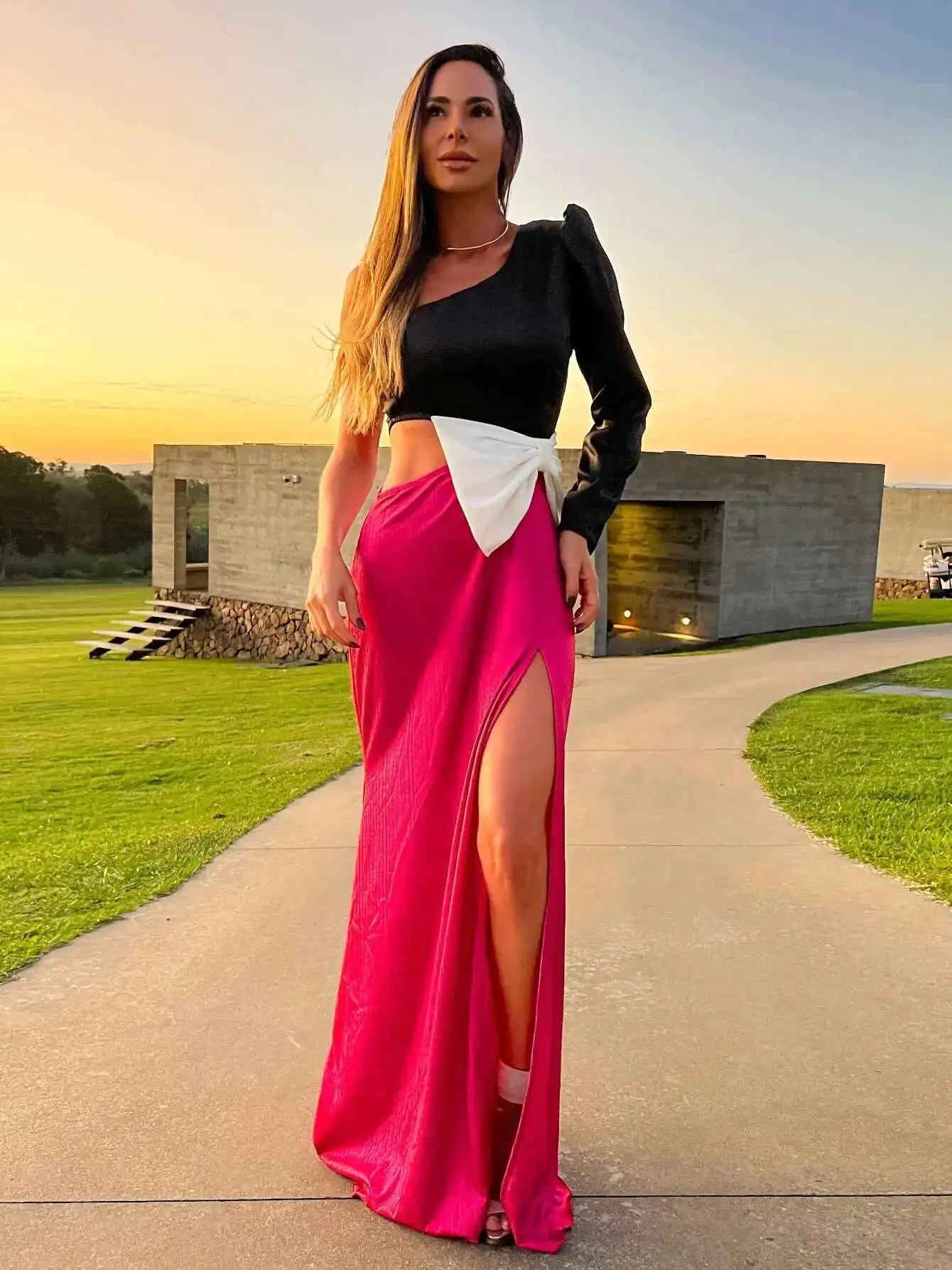 Um ombro midi feminino elegante bandagem divisão recorte maxi vestido verão bodycon feminino roupas de festa à noite