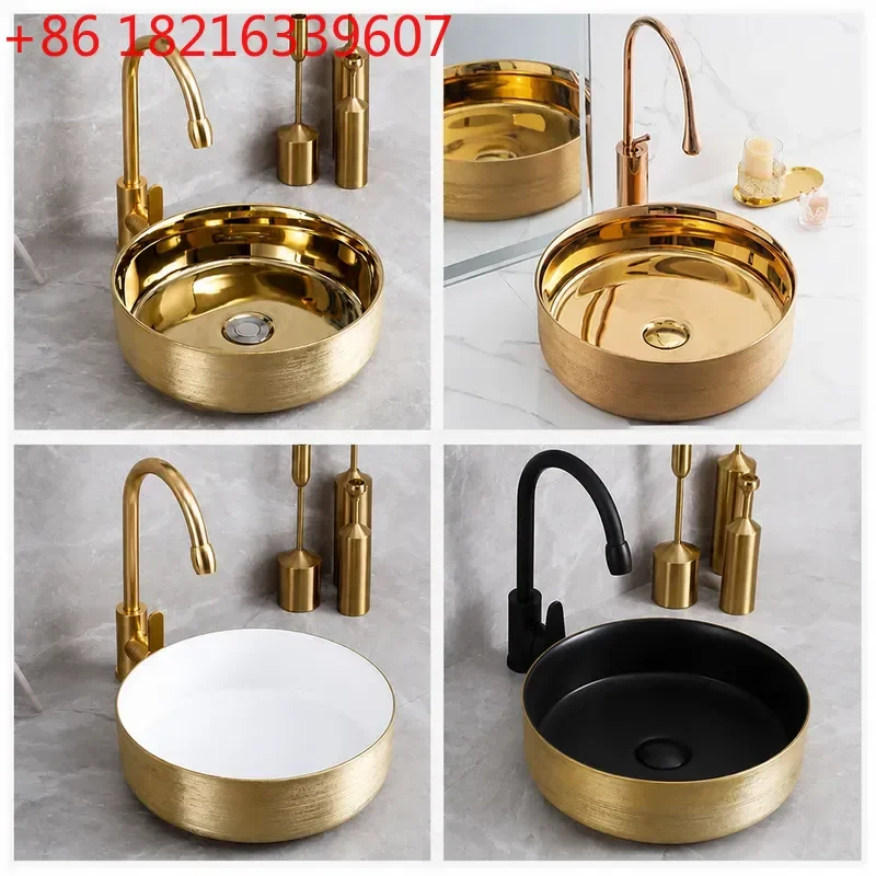 YAO Brushed Gold Wash Basin Bathroom Counter Sink Hotel Household Vanity Bowl Modern Ceramic Washbasin for Home and Commercial