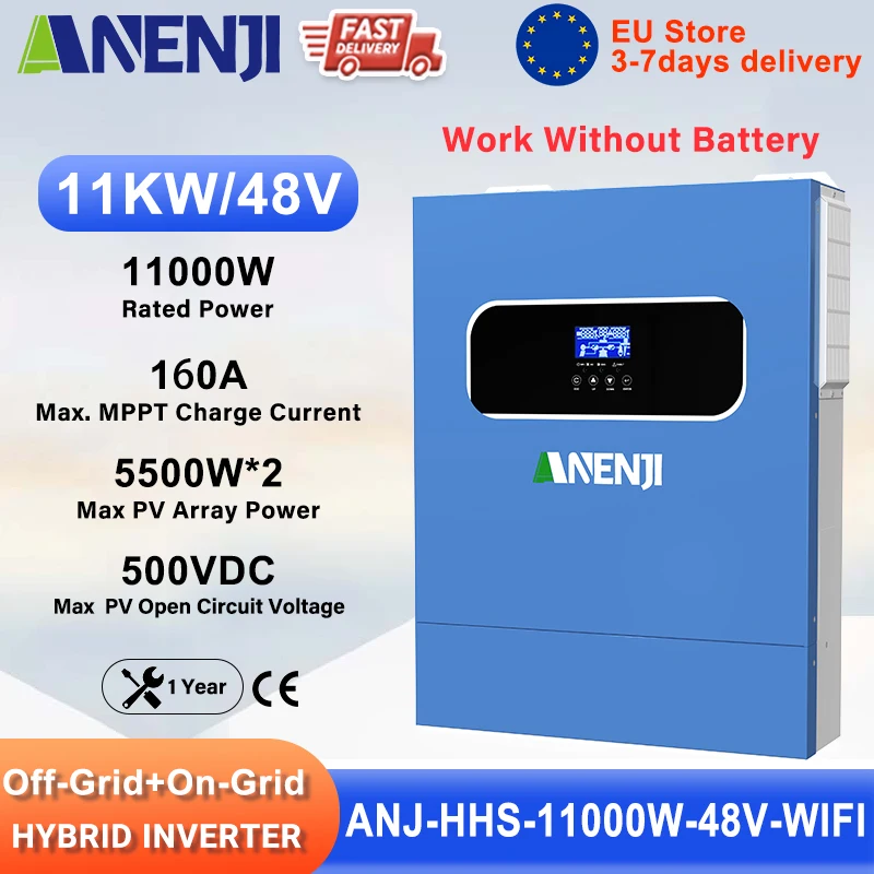 ANENJI 11 kW 6,2 kW Solar-Wechselrichter 48 V On Grid Off Grid Hybrid-Wechselrichter Eingebauter MPPT 160 A/120 A Solarladeregler mit BMS