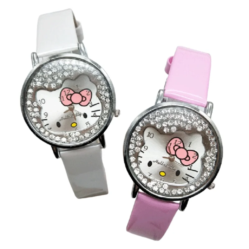 Miniso Anime Cartoon Sanrio Hello Kitty Diamond Round Quartz Girls Students Watch Fashion Kids Leather Belt Watch Birthday Gifts