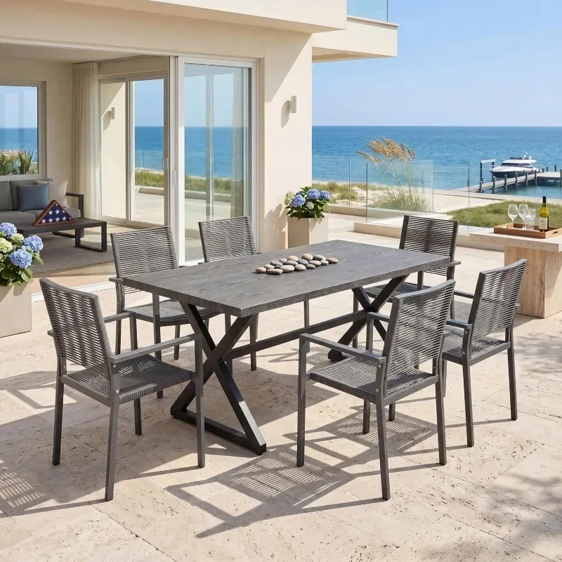 7 Piece Dining Table Set for 6, Aluminum Frame with Ultra Breathable Hollow Woven Rope Armchairs, Wood-Like Tabletop