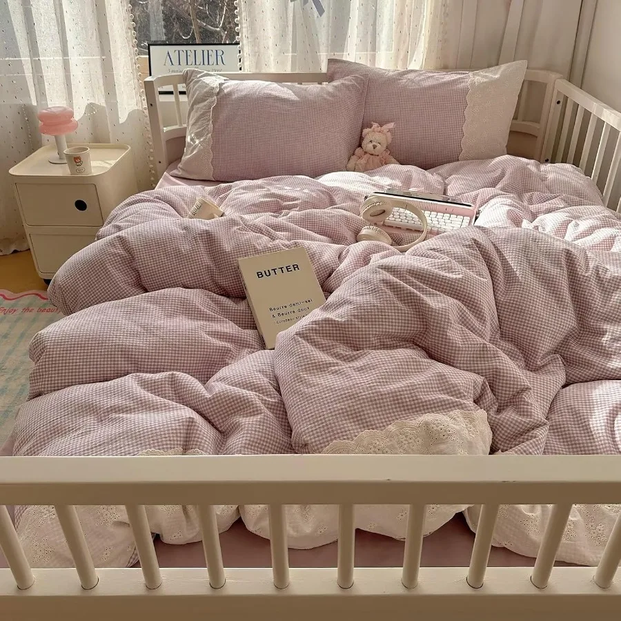 

Комплект пододеяльников в клетку размера Queen, фиолетово-белый в мелкую клетку с кружевной отделкой, мягкая стираная микрофибра, постельное белье в клетку Cottagecore в винтажном стиле