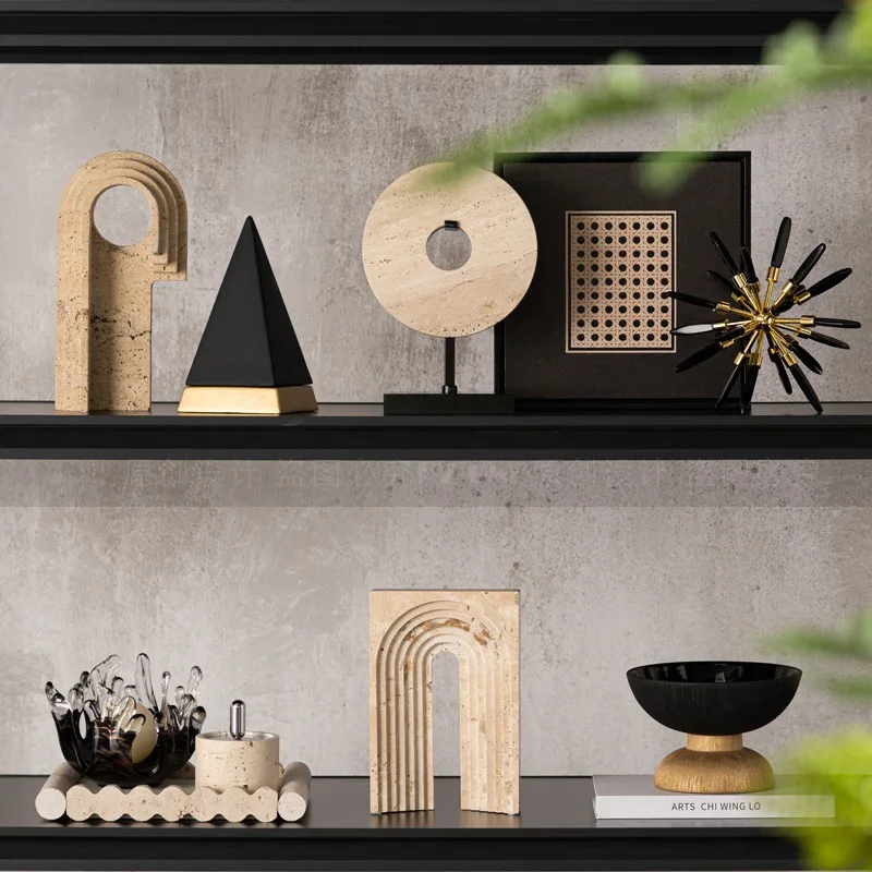 

Light Luxury Black Gold Set Living Room Wall Cabinet Open Grid Decoration Homestay Model Room Wabi Sansan Wind Yellow Travertine