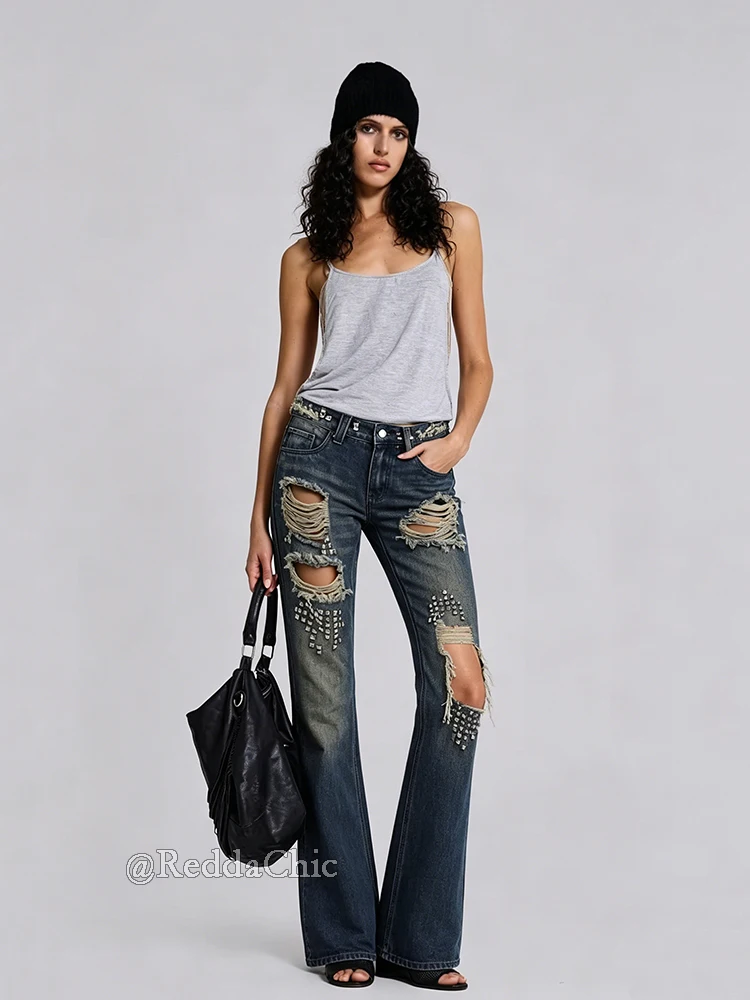 REDDACHiC Distressed Studded Jeans for Women Y2K Vintage Tall Girl Low Rise Raw Hem Holes Bootcut Denim Pants Punk Streetwear