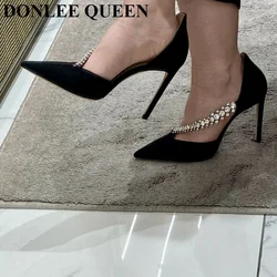 New Fashion Brand Crystal Embellished High Heels Shoes Women Pointed Toe Dress Rhinestone Wedding Party Pumps Black Suede Sandal