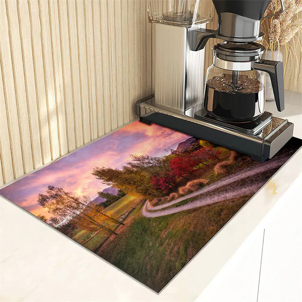 Country Landscape Coffee Machine Drain Mat Cottage Kitchen Countertop Absorbent Mat Dry Non-slip Bar Table Washable Drain Pad