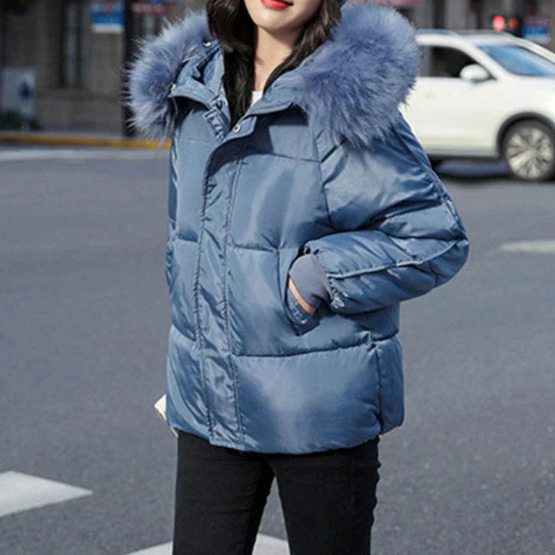 2021 Female Fashion Outwear Women's Large Fur Collar Hooded Thick Cotton Down Thickened Jackets Winter Coats Solid Simple Parkas