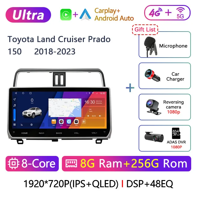 12.3 inch 2 Din Android Car Stereo Radio For Toyota Land Cruiser Prado 150 2018 2019 2020 2021 2022 2023Multimedia Video Player Navigation GPS Carplay Autoradio Head Unit DVD Player With Screen