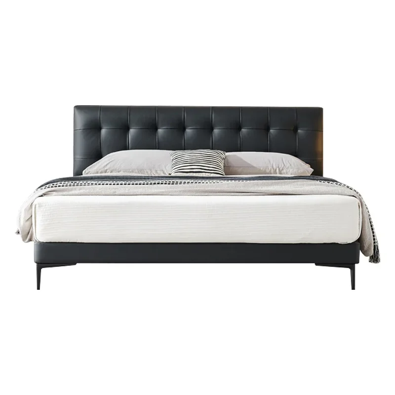 이탈리아 미니멀리스트 가죽 침대, 모던 미니멀리스트 블랙 와플 원목 침대