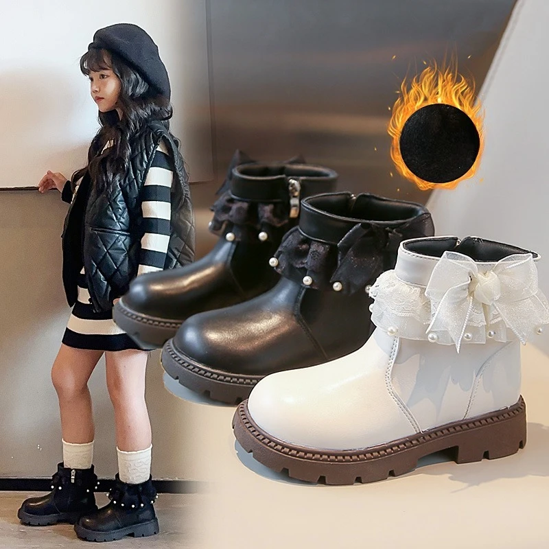 

Модные ботинки с подкладкой для девочек 3–18 лет, бежевые хлопковые туфли с бантом и жемчугом для девочек, черные нескользящие детские ботинки с мягкой подошвой