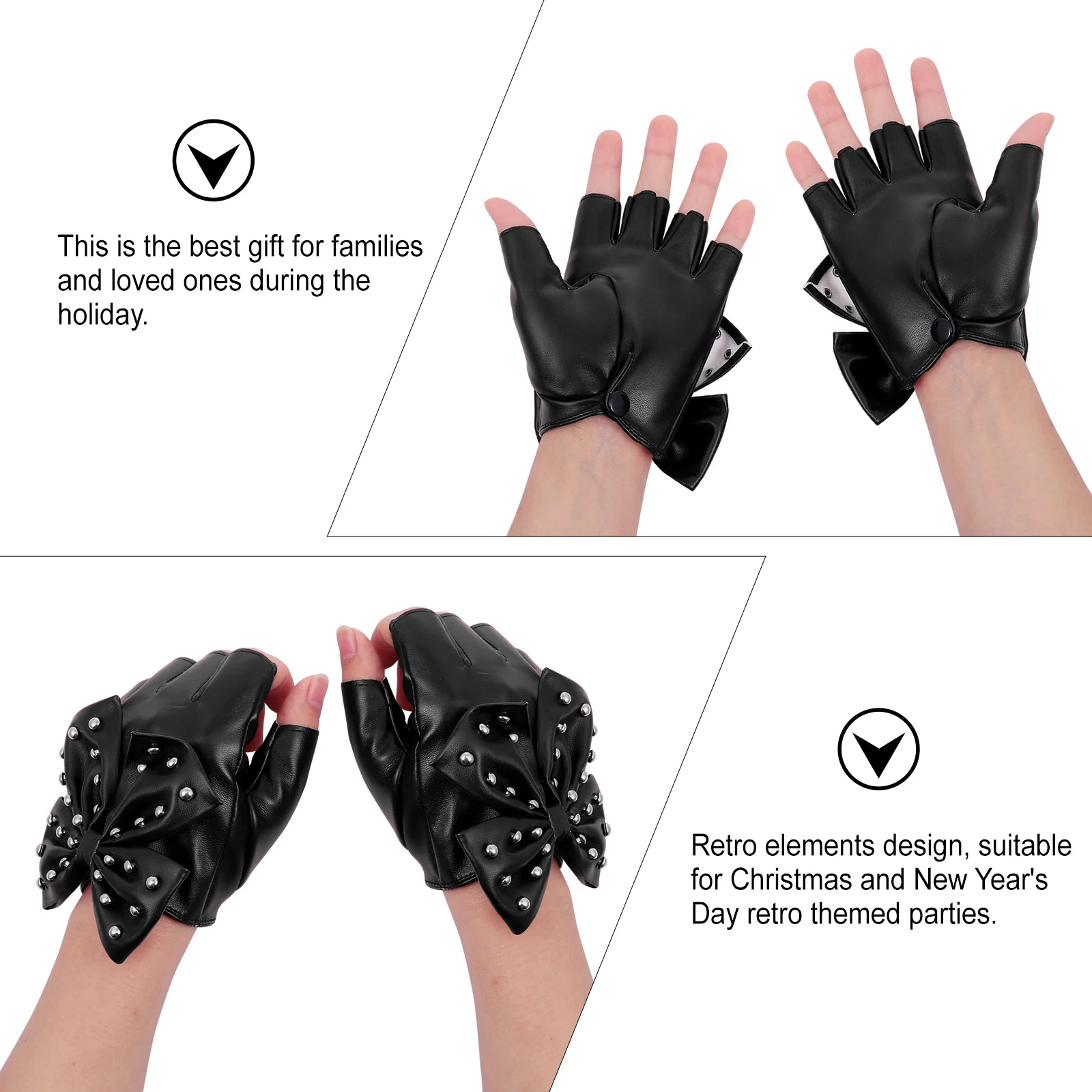 

1Pair Half-Finger Glove High-Quality Bow-Knot Rivet Design Breathable Retro Style for Christmas New Year Party Gift