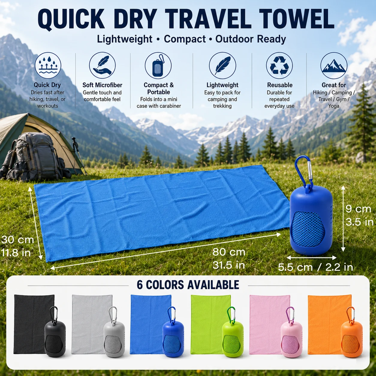 Portable Quick‑Dry Sports Towel 30x80cm Lightweight Microfiber Towel with Carry Case Carabiner for Travel Hiking Camping Gym Fit