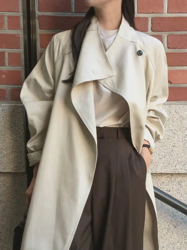 معطف نسائي طويل بتصميم كوري، تصميم فضفاض، ملابس خارجية متعددة الاستخدامات، موسم الشتاء، مادة أخرى كاملة #3