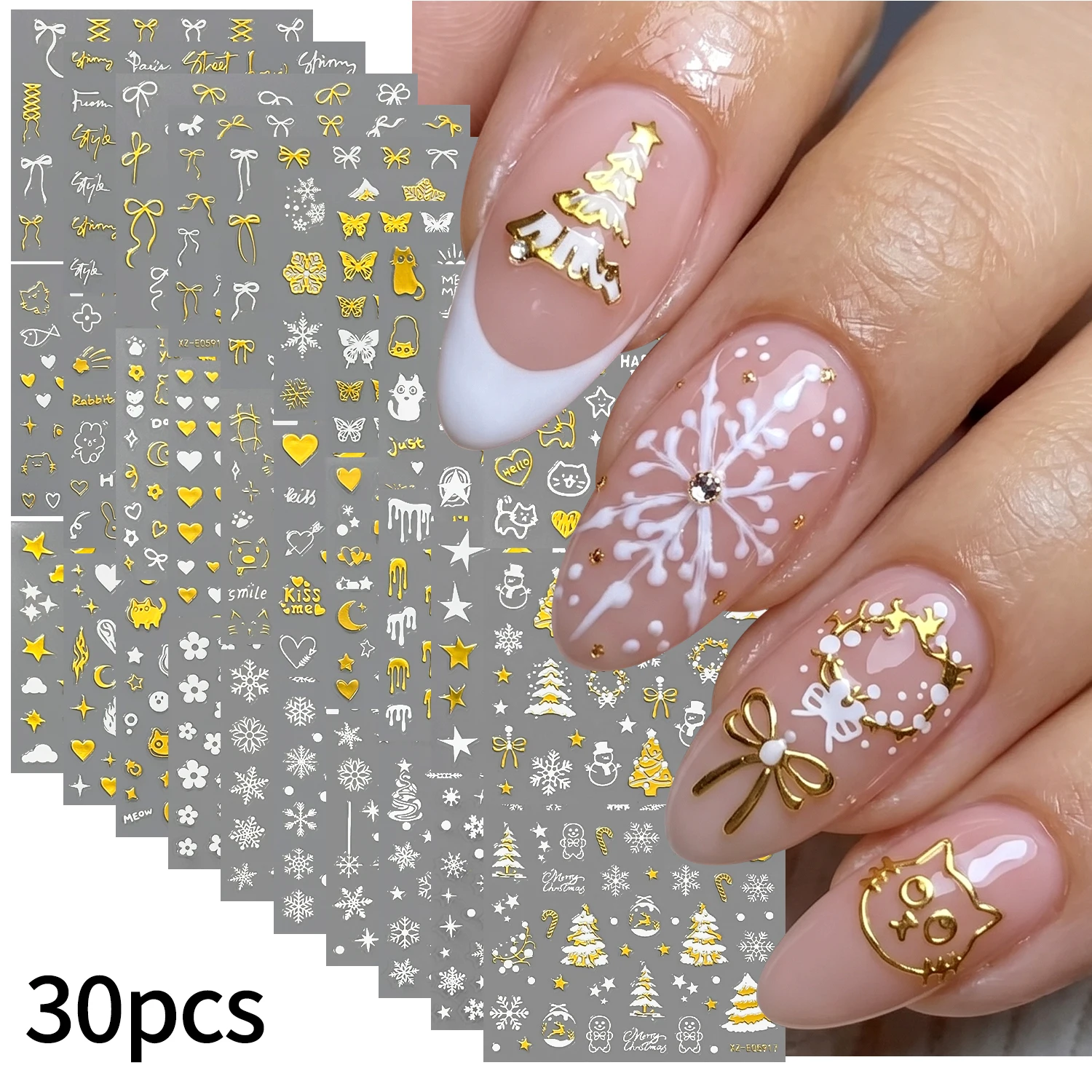 30Pcs White Snowflake Christmas Nail Art Sticker 3D Bronzing Gold Star Moon Xmas Tree Bowknot Nail Decals Mixed Manicure Decorat