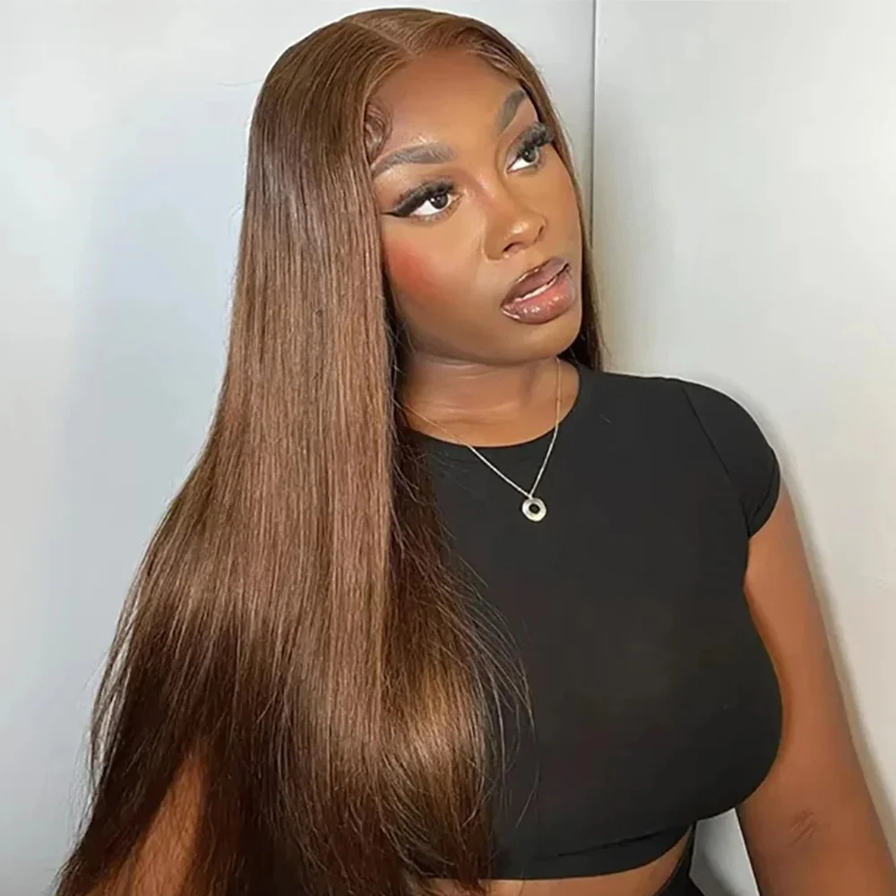 

40 46 Inch Chocolate Brown Bone Straight Lace Front Wig For Women 13x6 HD Lace Frontal Human Hair Wigs PrePlucked 200% Density