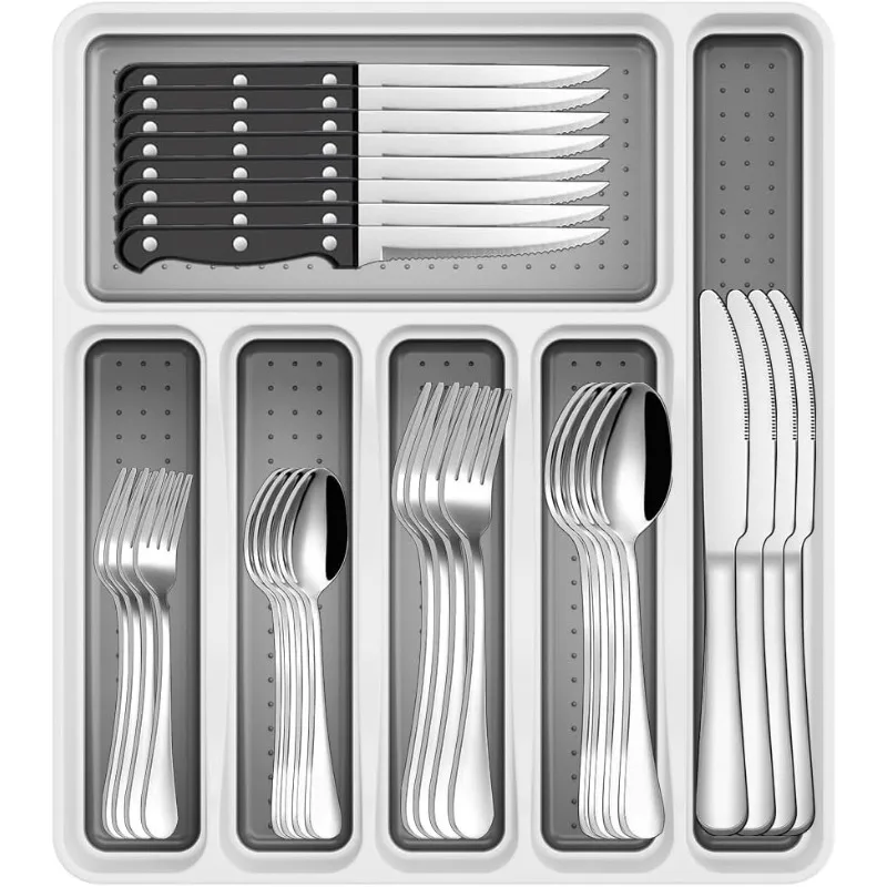 

49-Piece Stainless Steel Silverware Set with Cutlery Organizer, Service for 8 with Steak Knives and Kitchen Utensils