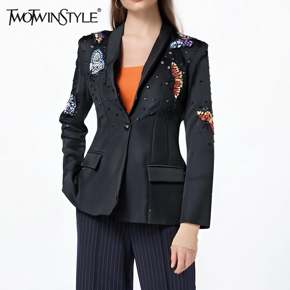 

TWOTWINSTYLE хитовый цвет модный утягивающий блейзер для женщин с лацканами и длинными рукавами в стиле пэчворк из бисера темпераментное пальто женская одежда новая