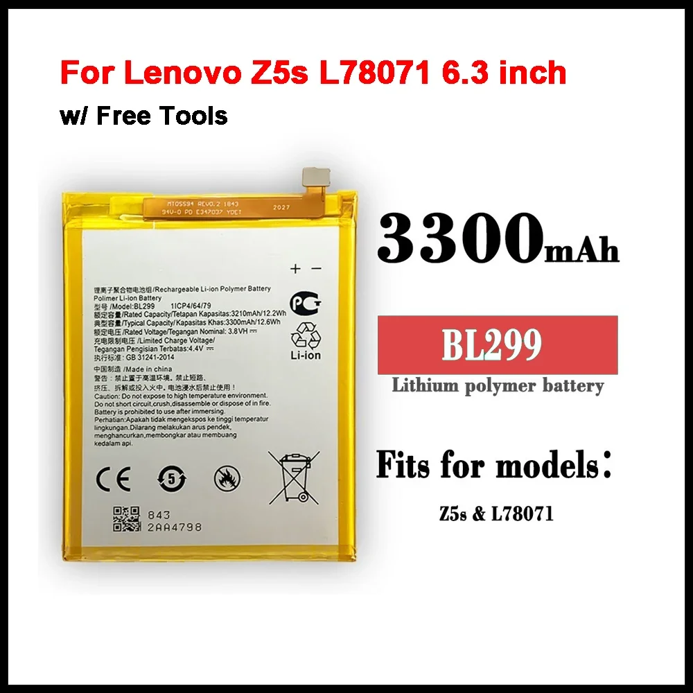 100% Original Replacement Battery for Lenovo Z5s L78071 6.3 inch 3300mAh BL299 Battery NEW Produce In Stock