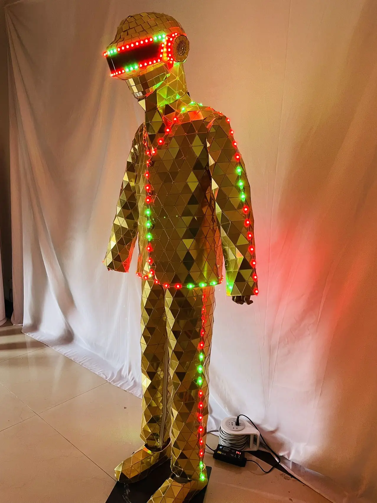 Hand Made Silver Golden LED Mirror Man Show Stage Suit Performance Mask Costume